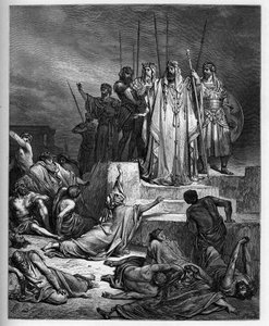 La famine à Samarie - Ancien Testament : Siège de Samarie. Le roi de Syrie assiège la ville de Samarie et la réduit à une famine épouvantable - gravure dans "La Bible illustrée" par Gustave Doré (1832-1883) - Gravure de "La Bible de Doré"