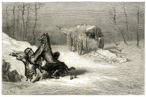 Le brigand Agostin est attaqué par un loup, près du cheval mort encore attaché à la charrette abandonnée par les comédiens, ou cache la petite Chiquita. Gravure de Gustave Doré illustrant le roman de Théophile Gautier « Le capitaine Fracasse », édition Cha
