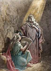 Le prophète Jérémie dictant ses prophéties à Baruch - Gravure colorisée par Pannemacker, de la Bible de Gustave Doré (1832-1883) - Jérémie (650-585 av. J.-C.), prophète hébreu. Jérémie dictant ses prophéties à Baruch. Gravure par Pannemaker, La Bible - Gustave Dore