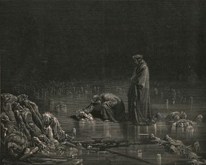 Puis saisissant son cuir chevelu, je criai : Nommes-toi, ou pas un cheveu ne restera ici, c1890 - Gustave Dore