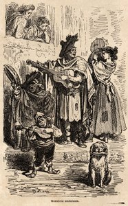 Musiciens ambulants à Valence, dessin par Gustave Doré (1832-1883), pour illustrer son voyage en Espagne avec C. Davillier, en 1862. Gravure dans « Le tour du monde », édité par Edouard Charton