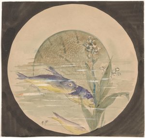 Conception pour une assiette avec trois poissons bleu-jaune nageant vers le bas près d