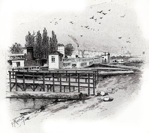 Atelier de réparation des bateaux omnibus (Bateau-bus) à Paris. Dessin de Gustave Fraipont (1849-1923) tiré de « La Seine à travers Paris » par Saint-Juirs - Gustave Fraipont