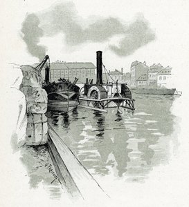 Bateaux amarrés dans le port de La Villette, Paris Dessin de Gustave Fraipont (1849-1923) tiré de « La Seine à travers Paris » par Saint-Juirs