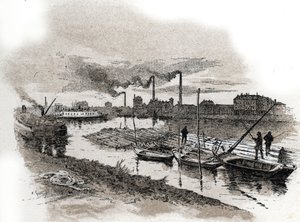 Ivry sur Seine, trains de bois. Dessin de Gustave Fraipont (1849-1923) tiré de « La Seine à travers Paris » par Saint-Juirs