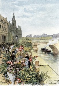 Vue du marché aux fleurs, Île de la Cité, Paris Dessin de Gustave Fraipont (1849-1923) de Saint-Juirs