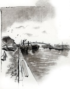 Vue de la passerelle du Canal de la Villette, Paris. Dessin de Gustave Fraipont (1849-1923) tiré de « La Seine à travers Paris » par Saint-Juirs