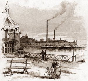 Vue du quai de Javel à Paris, actuel quai André-Citroën Dessin de Gustave Fraipont (1849-1923) tiré de « La Seine à travers Paris » par Saint-Juirs - Gustave Fraipont