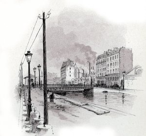 Vue du pont tournant du quai de Valmy sur le canal Saint-Martin, Paris (dessin de Gustave Fraipont)
