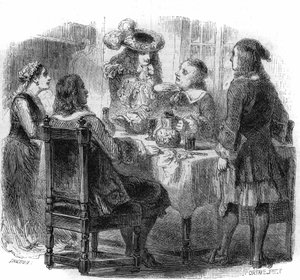 Le tsar russe Pierre le Grand (1672-1725), hébergé en France chez la famille Kalf, observe la discussion entre son hôte et un ivrogne, le marquis de Bernardini. Gravure de Gustave Janet