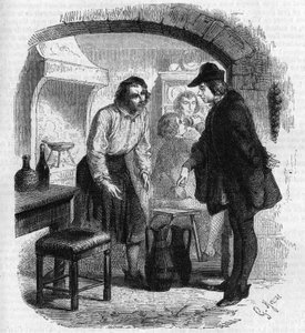 Le poète François Villon (1431-1463) retraçant une bouteille de vin. Gravure de Gustave Janet
