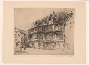 Rue avec maisons et promeneurs à Chartres (La maison du saumon) - Gustave Leheutre (signed by artist)