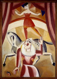 Cirque III Une écuyère en équilibre sur un cheval et un clown sur une piste de cirque donnant un spectacle