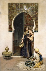 Une femme algérienne et un musicien à une porte