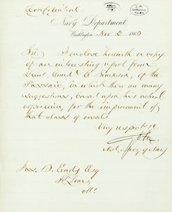 Lettre signée G.V. Fox, Département de la Marine, Washington, à Jas. B. Eads [James B. Eads], St. Louis, Mo., 2 novembre 1863 - Gustavus Vasa Fox