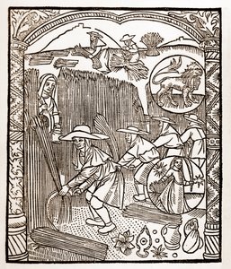 Calendrier des bergers - Les travaux des mois - Août - Gravure sur bois du livre de 1496 imprimé par Guy Marchant (Guido Mercator) à Troyes - Gravure sur bois dans « Le grand Calendrier et compost des bergers » - Guy Marchant