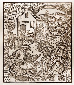 Calendrier du berger - Les Travaux des Mois - Juin - Gravure sur bois du livre de 1496 imprimé par Guy Marchant (Guido Mercator) à Troyes - Gravure sur bois dans « Le grand Calendrier et compost des bergers » - Guy Marchant