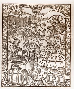 Calendrier du berger - Les travaux des mois - Octobre - Gravure sur bois du livre de 1496 imprimé par Guy Marchant (Guido Mercator) à Troyes - Gravure sur bois dans « Le grand Calendrier et compost des bergers » - La récolte - et les signes du zodiaque - Guy Marchant