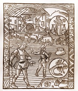 Calendrier des bergers - Les travaux des mois - Septembre - Gravure sur bois du livre de 1496 imprimé par Guy Marchant (Guido Mercator) à Troyes - Au premier plan, des paysans sèment à la volée - Gravure sur bois dans 
