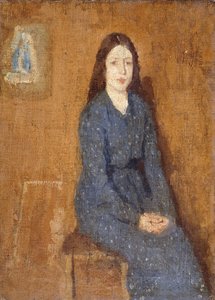 Jeune Fille Assise en Robe Bleue à Pois