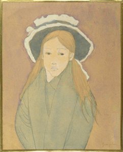 Fille avec grand chapeau et cheveux couleur paille, 1910s