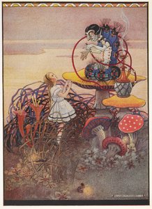 Alice parlant à la chenille bleue qui est assise sur un champignon géant, fumant une pipe