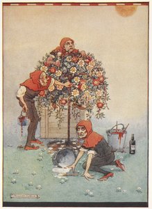 Les jardiniers de la Reine de Cœur peignant les roses du blanc au rouge d