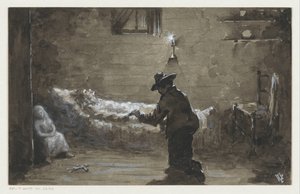 Homme agenouillé près du lit d