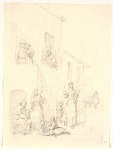 Femmes et enfants devant une maison italienne
