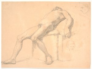 Étude de modèle masculin nu, allongé. À droite, deux têtes de portrait, l