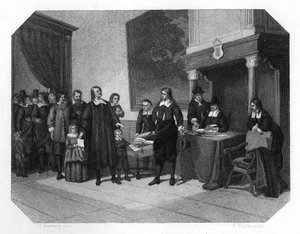 Réception des protestants français à Amsterdam, fin du XVIIe siècle, c1870 - H. Sluyter