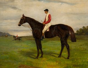 Zealot, un cheval de course bai avec jockey