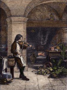 Jean Baptiste Lully, compositeur français, alors « galopin » ou marmiton par Mademoiselle de Montpensier. Gravure de T. Meyer-Heine d