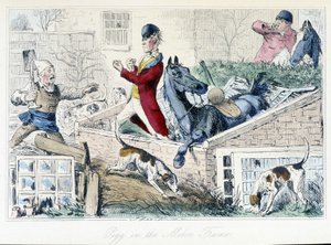 Combat entre un fermier et un chasseur. Caricature anglaise sur la chasse au renard des "aventures de Thomas Scott ou Hawbuck Grange", illustration par H.K. Browne et W.T. Maud - Hablot Knight Browne