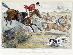 Scène de chasse, caricature anglaise sur la chasse au renard, tirée des « aventures de Thomas Scott, ou Hawbuck Grange », illustration de H.K. Browne et W.T. Maud.