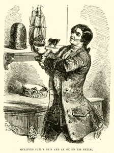Gulliver met un navire et un bœuf sur son étagère (gravure) - after Hablot Knight Browne