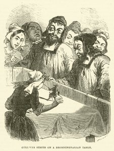 Gulliver parade sur une table brobdingnagienne (gravure)