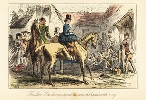 Chasseurs et femmes regardant les chiens de chasse sortir d
