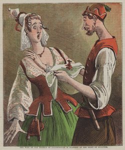 La femme du fermier de Brobdingnag est alarmée à la vue de Gulliver (lithographie en couleur)