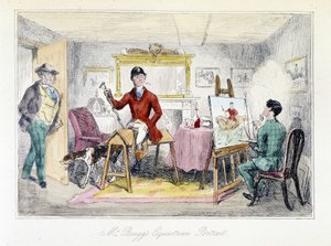 Peintre réalisant le portrait équestre de M. Bragg dans "Les Aventures de Thomas Scott", illustration par H.K. Browne et W.T. Maud. Caricature anglaise sur la chasse au renard.