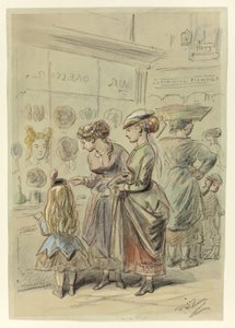 Deux dames et une petite fille devant le salon de coiffure