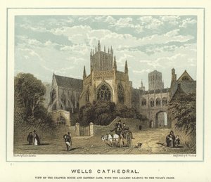 Cathédrale de Wells, vue de la salle capitulaire et de la porte est, avec la galerie menant à Vicar