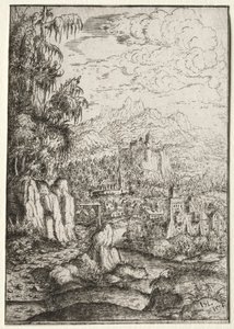 Paysage avec une route vers un château sur une île dans une rivière