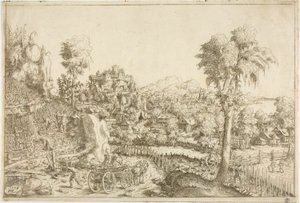 Paysage avec une vigne, au milieu un chariot chargé de poteaux
