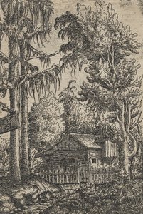 Une cabane et deux pins