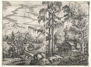 Paysage avec la ville sur une rivière et la chaumière entre les arbres, 1551 - Hanns Sebald Lautensack