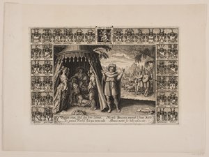 Page de titre pour sermon funèbre représentant Rachel mourant en donnant naissance à Benjamin. Entouré de blasons