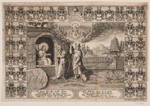 Page de titre pour sermon funèbre sur Ida Langs avec représentation du Christ comme jardinier et Marie Madeleine - Hans Andreas Greys