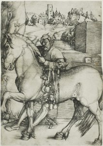 Un palefrenier bridant un cheval