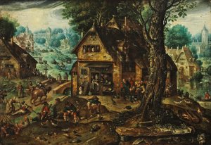 Vue de village avec de nombreuses personnes - Hans Bol